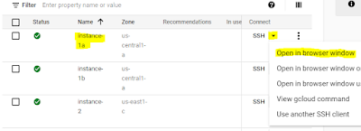 instace GCP SSH, Attempt to ping the instance by entering "ping internalIP". if its success, press Ctrl+C  to quit ping. Exit out of "instance-1a" SSH session, and now SSH into 'Instance-1b' and attempt to ping 'Instance-2' again. onse successfull exit from 'Instance-1b'. SSH into 'Instance-3', attempt to ping 'Instance-2' again. This time ping should not be successfull as we applied rule for traffic allow only from subnet-a.