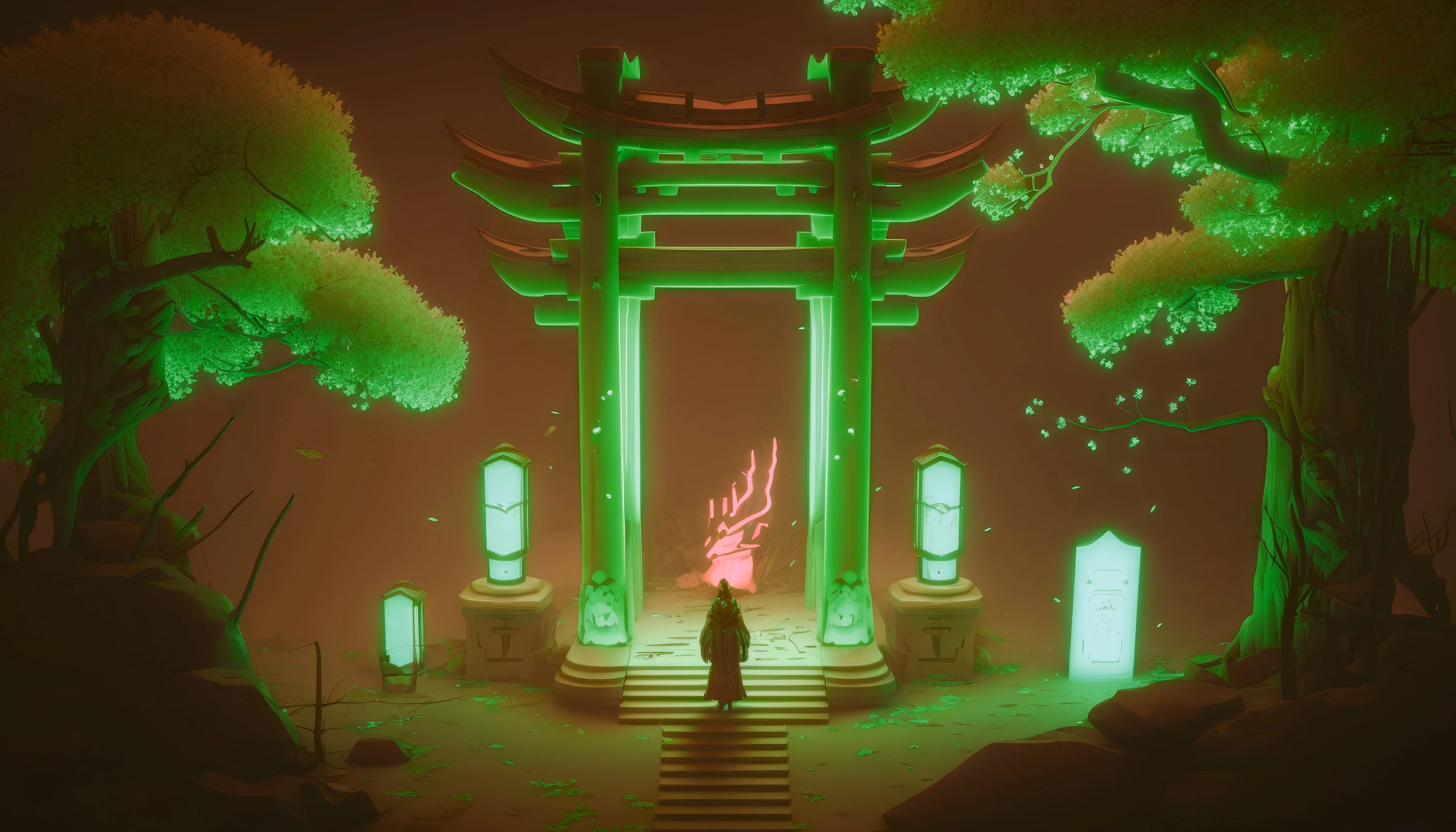 AI art, neon, PC gaming, green, torii, Japan, HD wallpaper