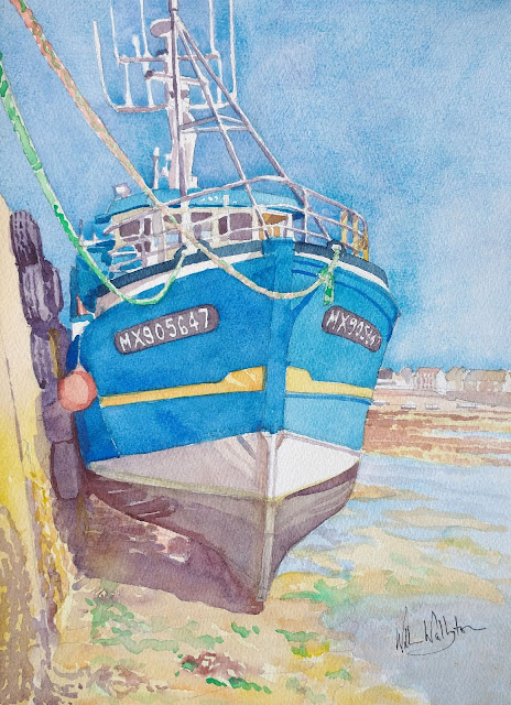 Watercolour of a blue fishing boat in Roscoff harbour at low tide, entitled "Marée montante à Roscoff," by William Walkington