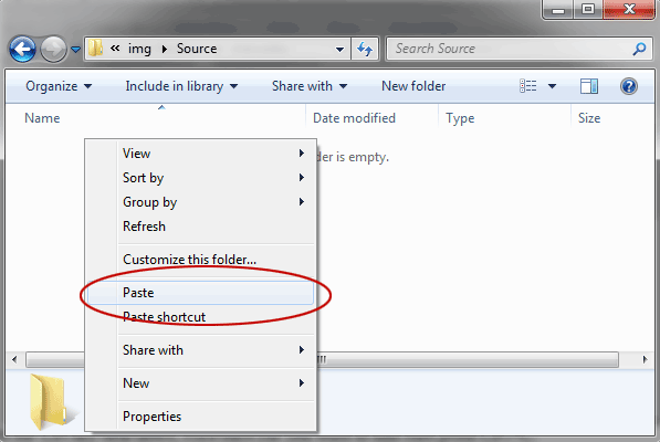 Navigate back to the “SOURCE” folder. Right-click anywhere inside of the big white area and from the menu, select Paste