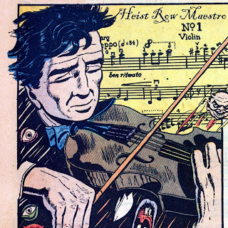 Close-up of a dark-haired young man playing violin. He wears a blue bow-tie, possibly in a nineteenth century style. The background is a yellow sheet of music labelled"Heist Row Maestro, No 1, Violin." Around the edges are small eyeballs, a fanged mouth and a laughing, horned demon face..