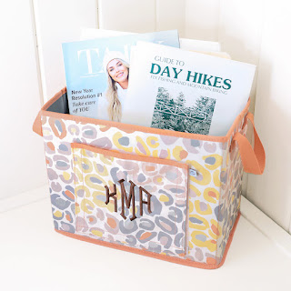 Monogrammed Bin with Magazines inside