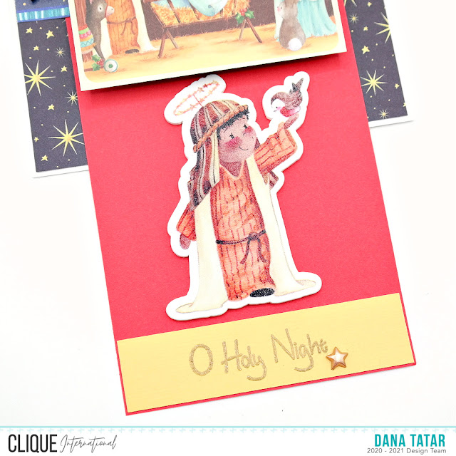 Colorful Wood Veneer Figure on a Waterfall Christmas Card Using the Craft Consortium Nativity Collection