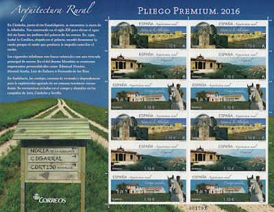 Pliego Premium, ,sellos, cigarral, noria, Albolafia, cortijo andaluz, Arquitectura Rural, 2016