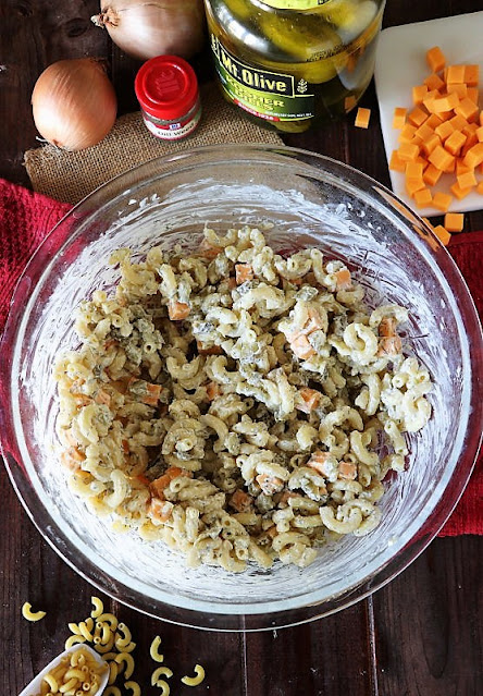 Making Dill Pickle Macaroni Salad in a Mixing Bowl Image