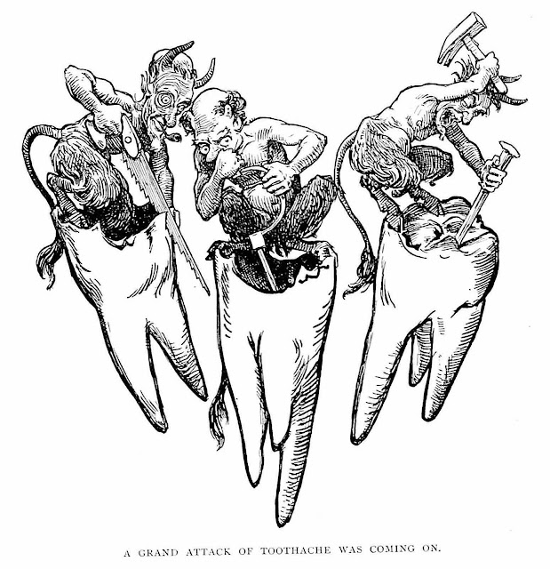 a Hans Tegner 1902 cartoon illustration of cavities attacking teeth