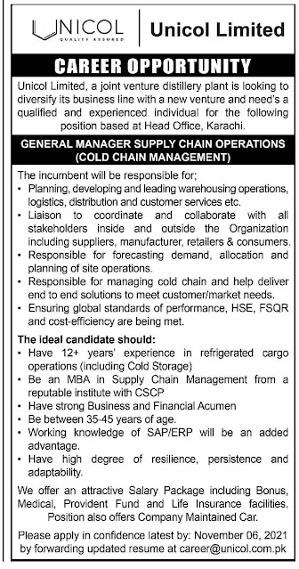 Career Opportunity in Unicol Limited General Manager Supply Chain Operations