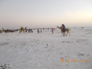 Tourists strolling across the "White Desert " of the Great Rann of Kutch at Dhordo.