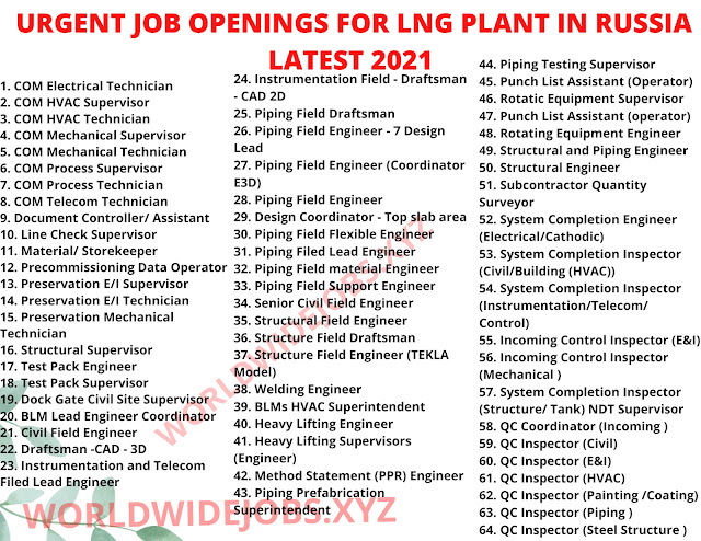 URGENT JOB OPENINGS FOR LNG PLANT IN RUSSIA LATEST 2021