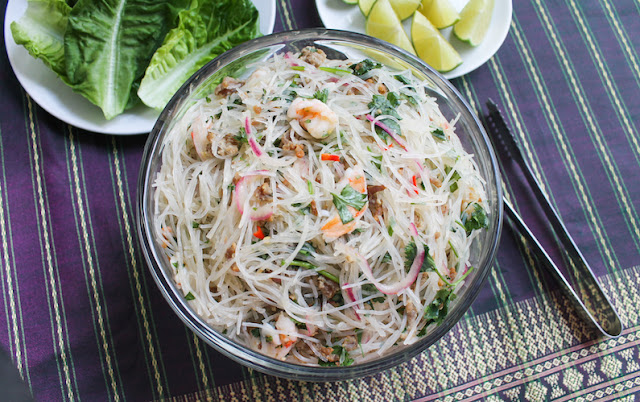Food Lust People Love: This Burmese-style Bean Thread Noodle Salad is spicy and delicious, full of tasty crispy pork, shrimp, fresh cilantro, chili peppers and lime juice.