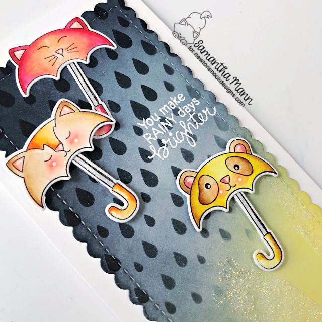 Rainy Day Slimline Card by Samantha Mann | Umbrella Pals Stamp Set, Slimline Frames & Portholes Die Set, Raindrops Stencil, and Sunscape Stencil by Newton's Nook Designs #newtonsnook
