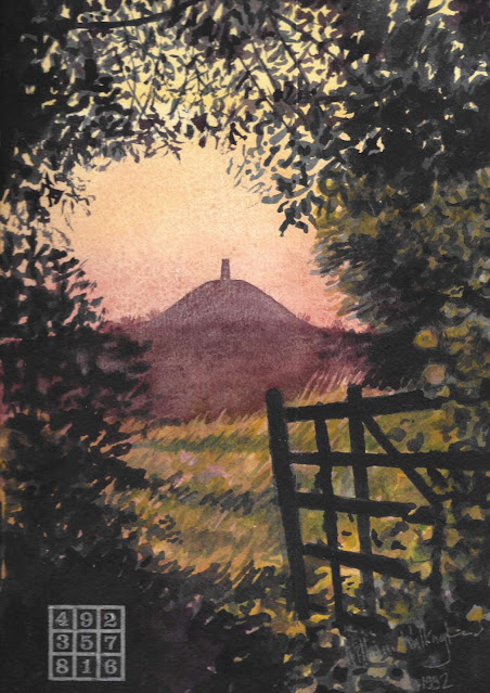 Watercolour of sunset view towards Glastonbury Tor with the Saturn magic square, "Glastonbury," by William Walkington in 1992