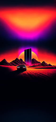 Futuristic wallpaper featuring a glowing neon portal in a stark desert landscape under a vibrant purple and red sky, with a silhouette of a car driving towards the mysterious doorway.