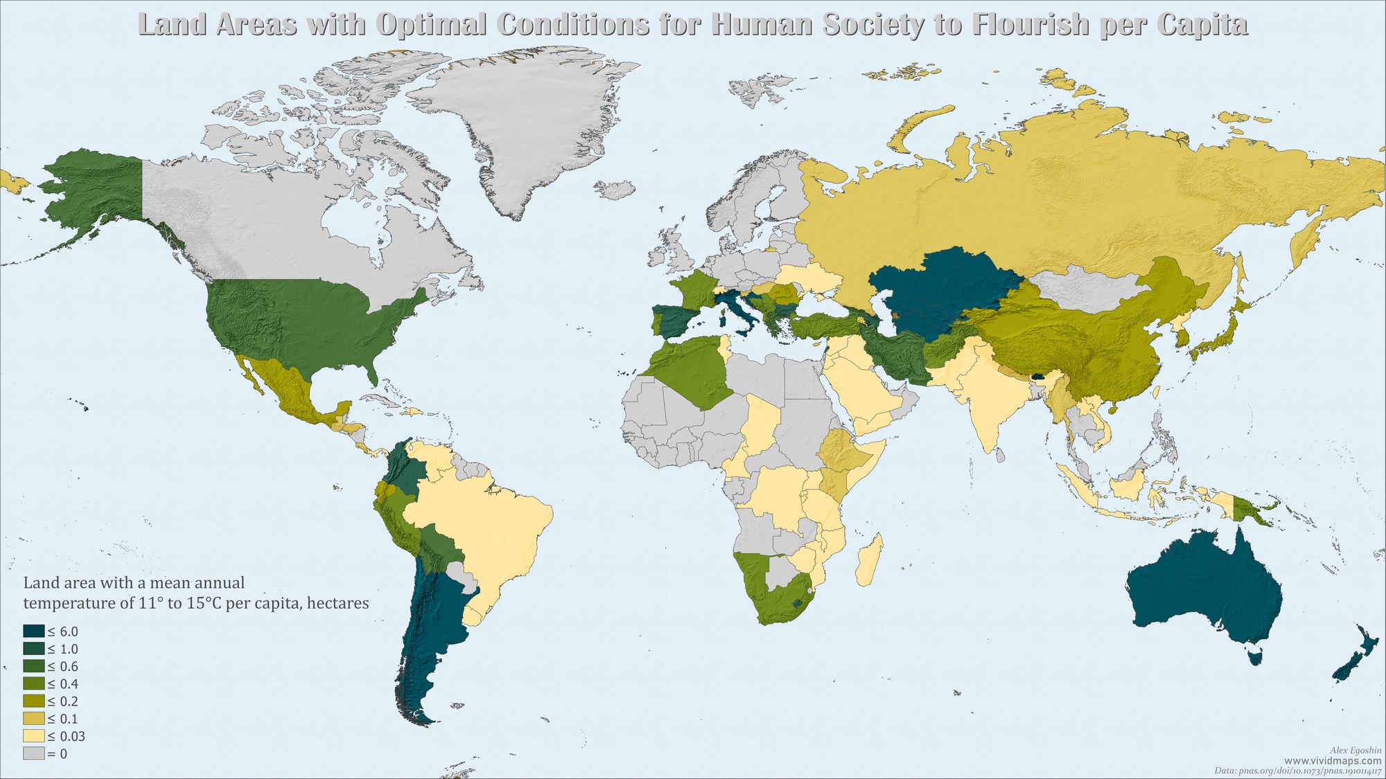 Land area with optimal conditions for human society to flourish per capita