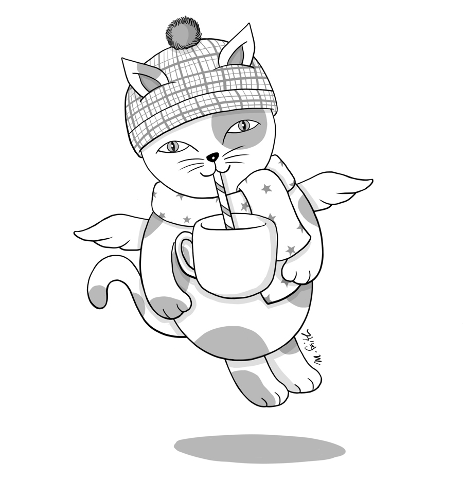 cat with scarf and hat drinking from a cup with a straw