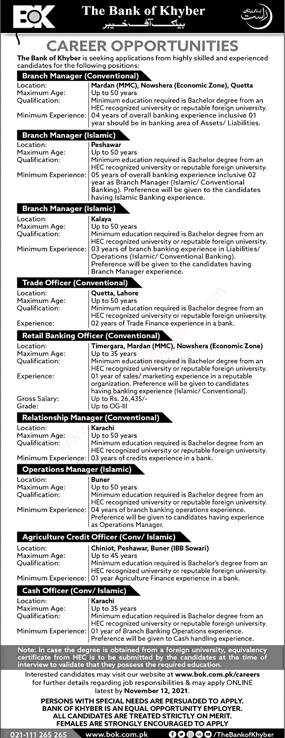 Bank of Khyber BOK Latest Jobs 2021 – Apply Online via bok.com.pk