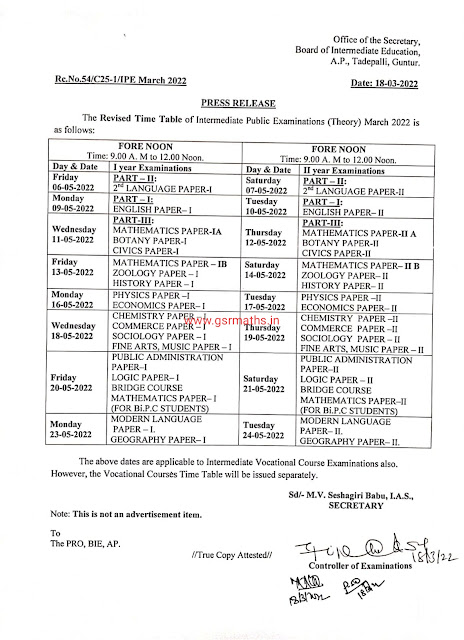 AP Inter May 2022 Time Table