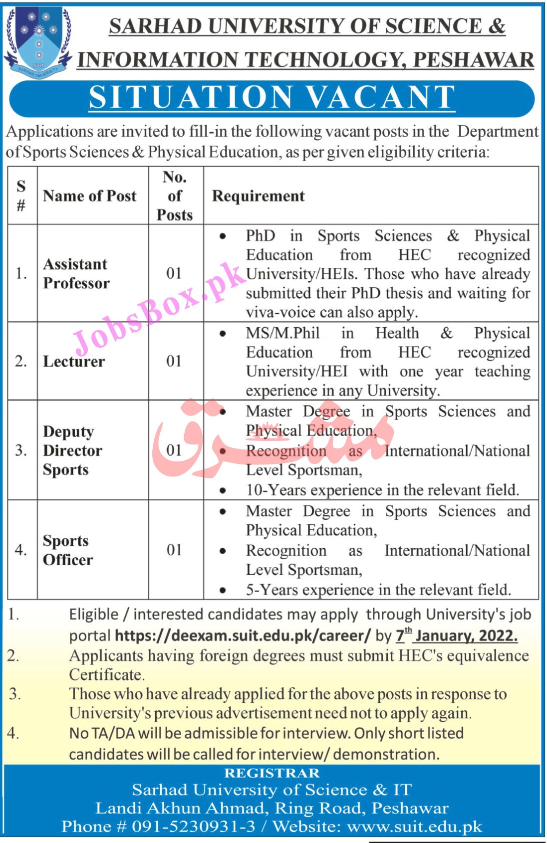 Sarhad University Jobs 2022 – Education Jobs 2022