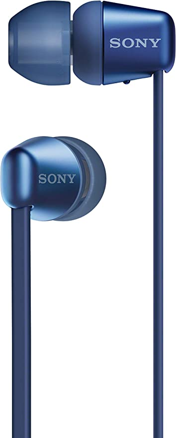 Blue earphones with sony on them.