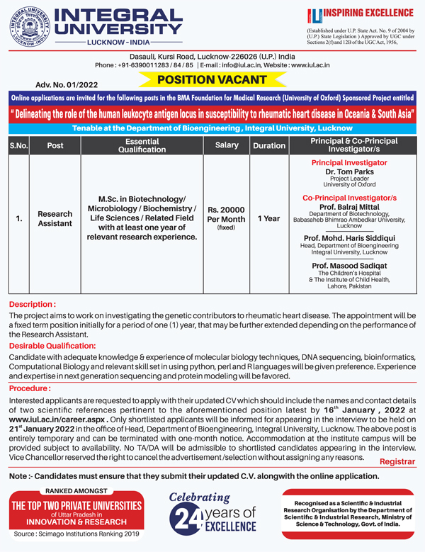 Integral University Molecular Biology Project Vacancy for University of Oxford