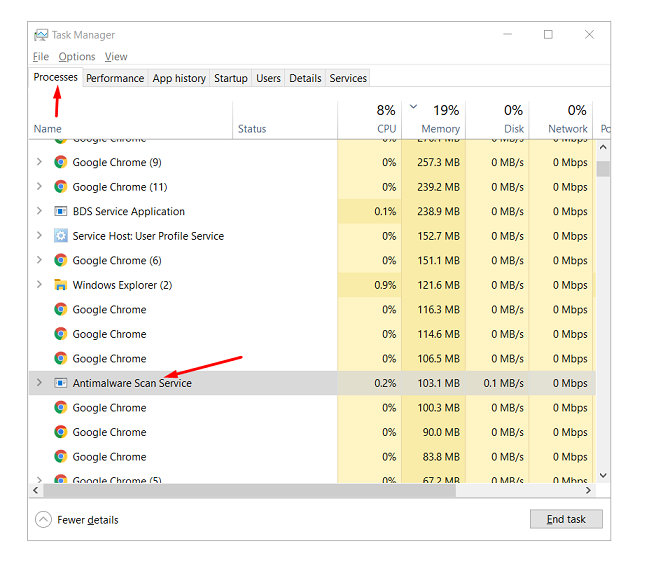 Search Antimalware Service in Task Manager