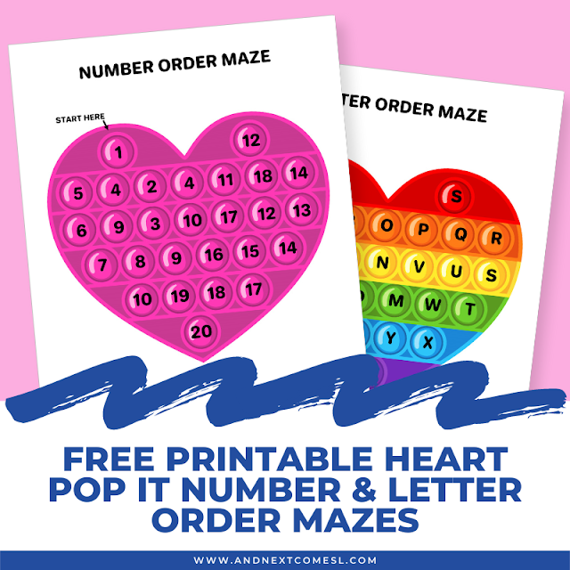 Heart pop it number and letter order mazes