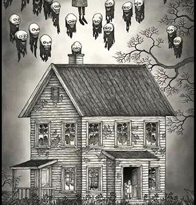 Pen drawing of heads floating away from a farmhouse