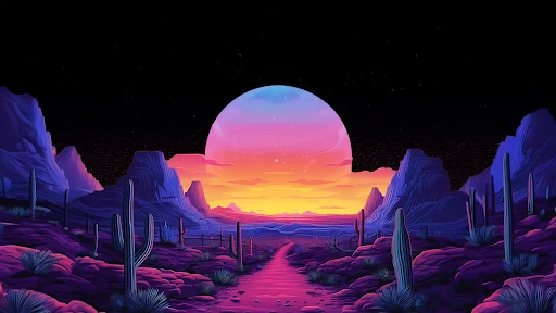 Vivid desert sunset with a large pink and blue gradient moon rising over a silhouetted cactus landscape under a starry night sky.