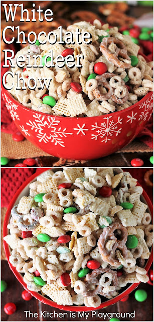 White Chocolate Reindeer Chow ~ Super easy to make and loaded with that sweet-&-salty combo we love, Reindeer Chow is a must-have holiday treat that EVERYone will love! Enjoy it for Christmastime snacking, lunch box packing, or holiday gifting from the kitchen.  www.thekitchenismyplayground.com