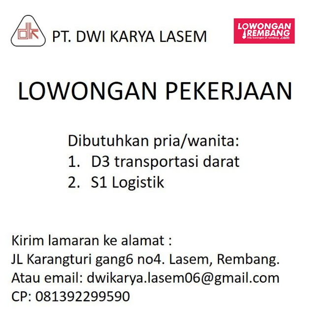 2 Lowongan Kerja Pegawai PT DWI KARYA LASEM REMBANG