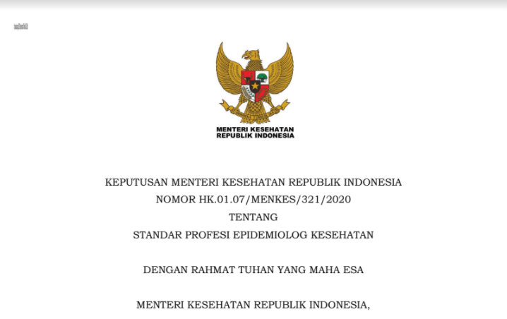 Download Keputusan Menteri Kesehatan Republik Indonesia Nomor Hk.01.07/Menkes/321/2020 Tentang Standar Profesi Epidemiolog Kesehatan