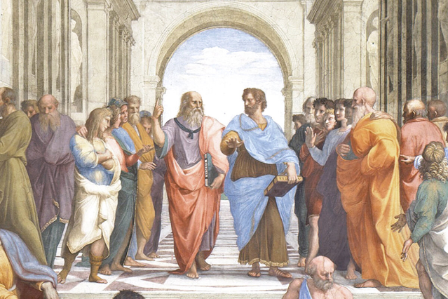 Section of Raphael's "The School of Athens": Greek philosophers (white men of varying ages in colored robes) in deep conversation