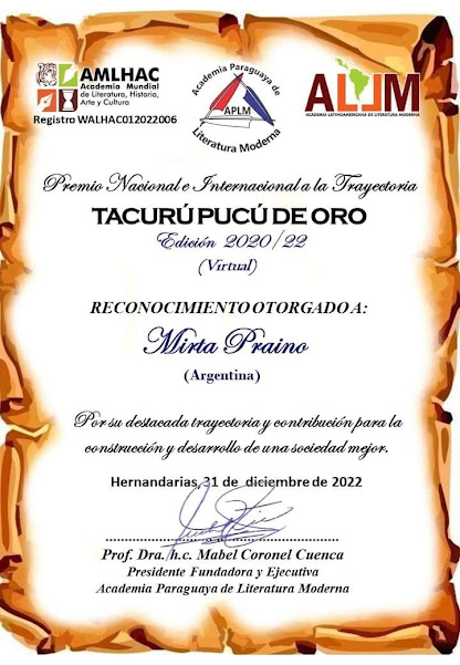 Premio Internac. a la Trayectoria TACURÚ PUCU de ORO  Republica del Paraguay