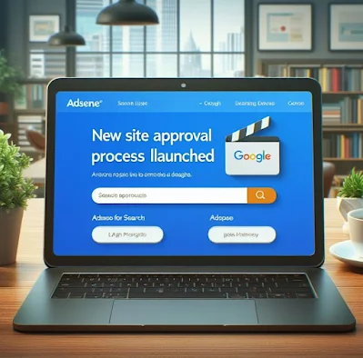 كمبيوتر محمول يعرض صفحة ويب بها مربع بحث وإعلانات من AdSense للبحث ونص يقول "تم إطلاق عملية الموافقة على الموقع الجديد"