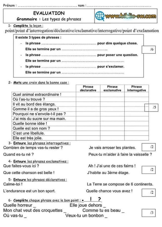 Évaluation  grammaire :  Les types de phrases / Les indicateurs temporels