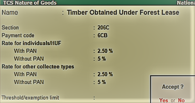 tcs nature of goods is available in tally