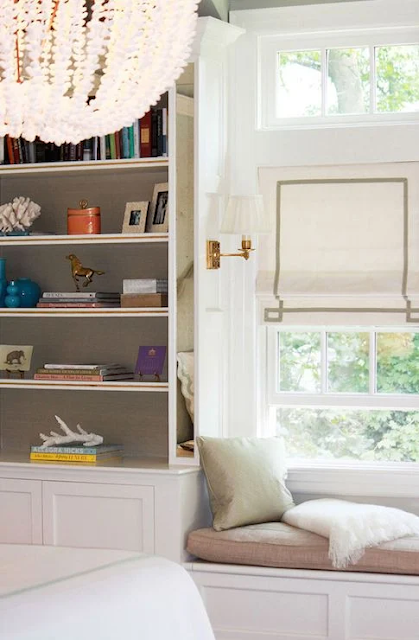 bookshelves framing a window