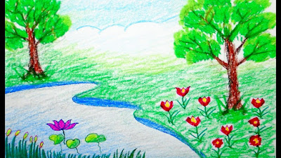 Gambar kolam kecil dengan tepian bunga dan pohon