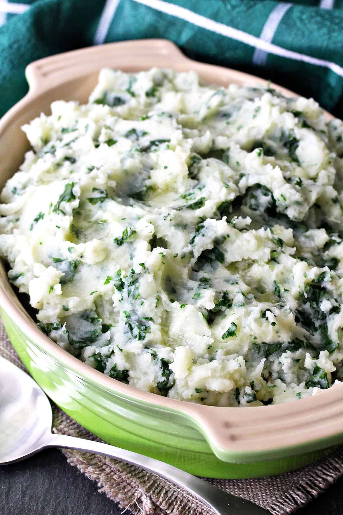 Colcannon mashed potatoes with kale, onions, and butter.