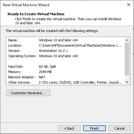 VMPlayer summary of settings