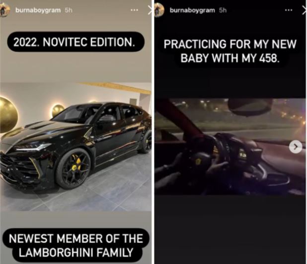 Too Much Money! Singer, Burna Boy Buys A 2022 Lamborghini, Novitec Edition