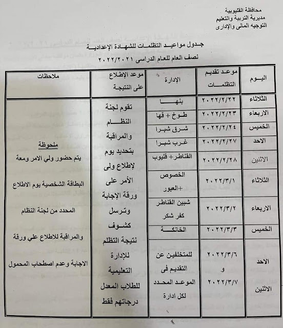 جدول مواعيد وأماكن تظلمات الفصل الدراسي الأول 2022 لطلاب الشهادة الاعدادية