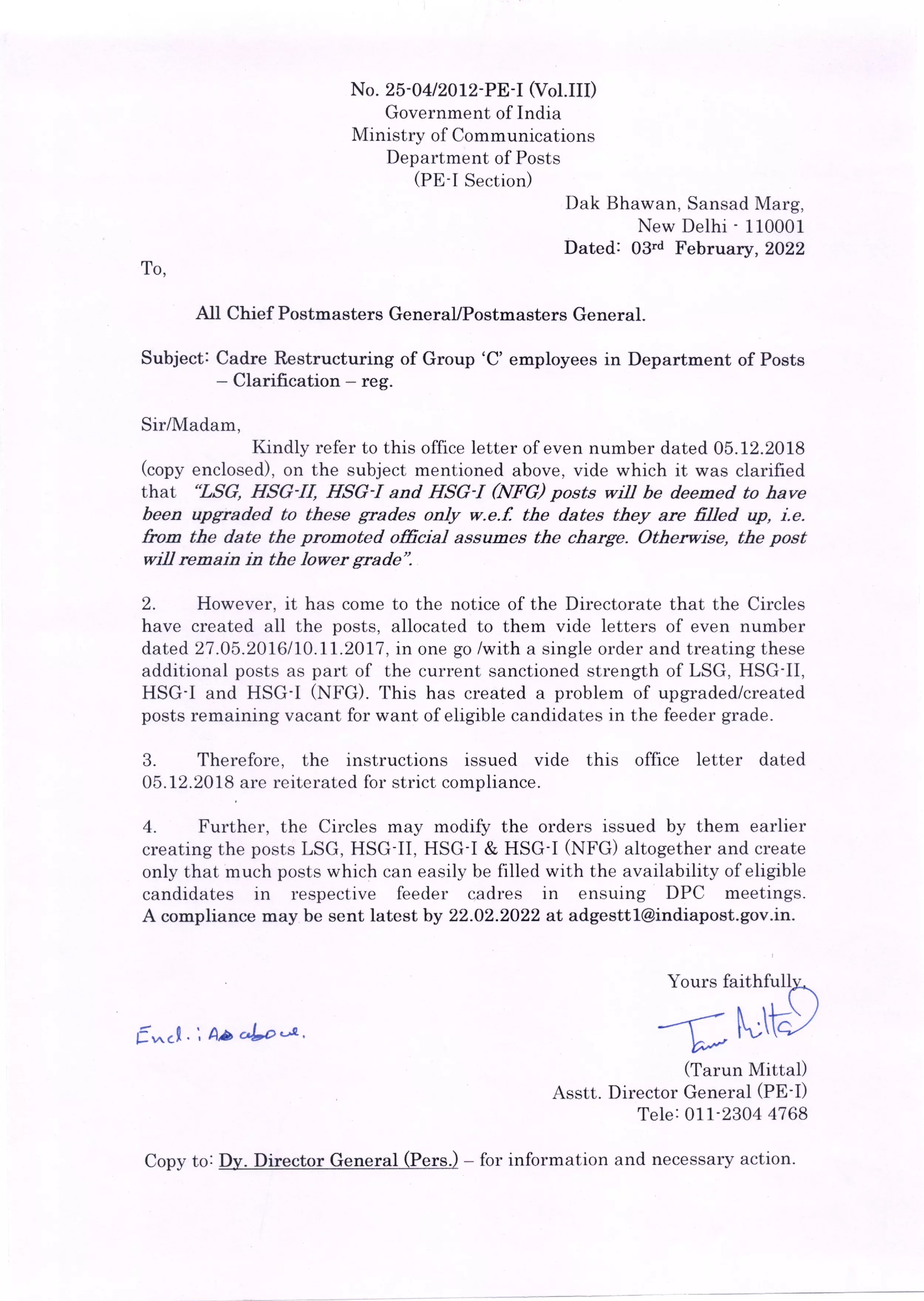 Cadre Restructuring of Group 'C' employees in Department of Posts (DOP) - Clarification dated 03.02.2022