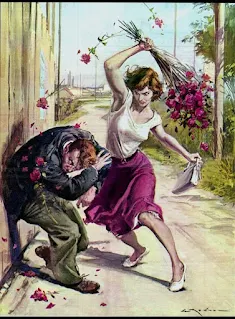 a lady holding a flower in a way that it shows that she is not happy with her fellow lover