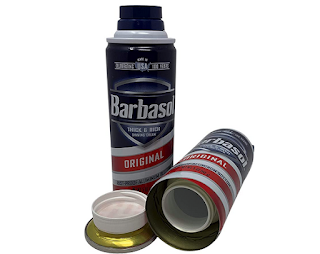 A barbasol themed stash jar with a screw off bottom.