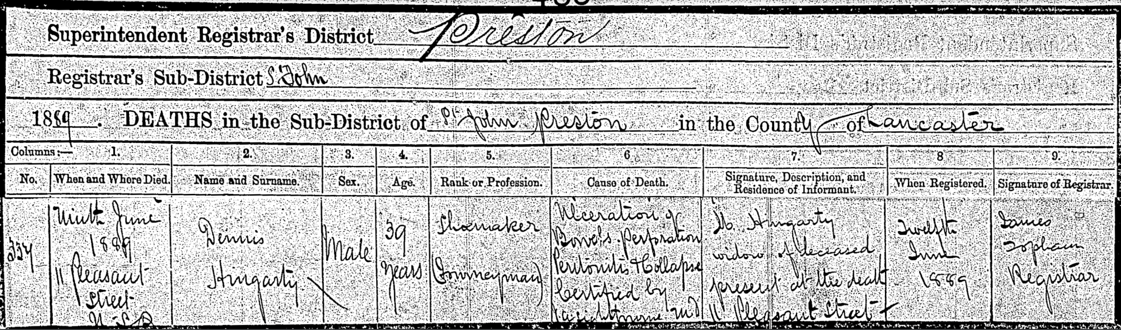 Death Certificate Dennis Hingerty 1889