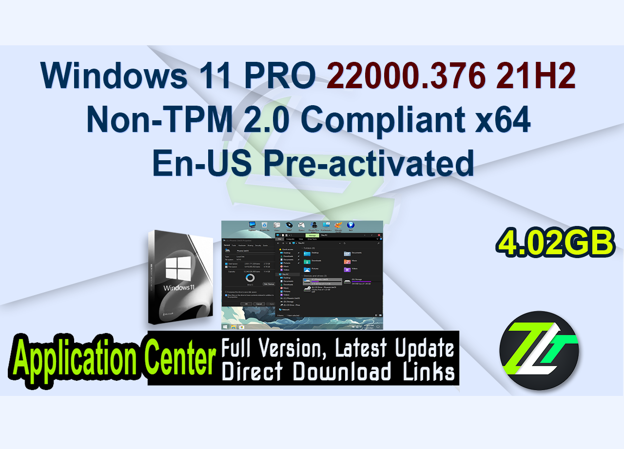 Windows 11 PRO 22000.376 21H2 Non-TPM 2.0 Compliant x64 En-US Pre-activated