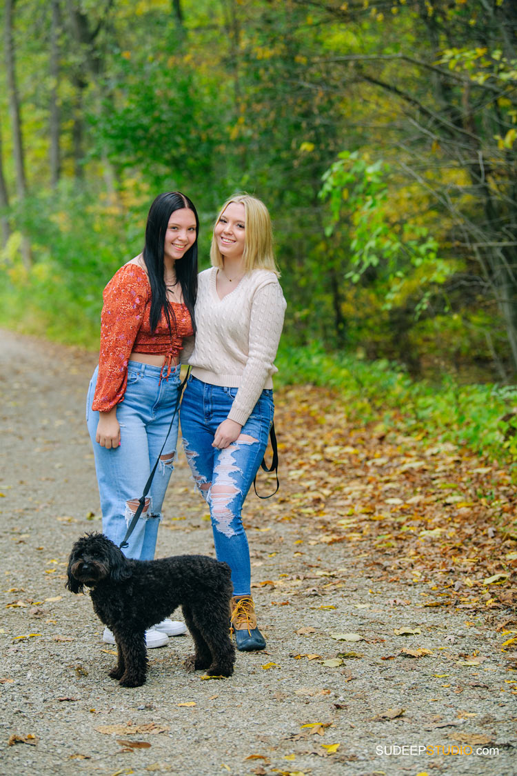 Twin Sisters Senior Pictures with Pet dog Puppy in Nichols Arboretum by SudeepStudio.com Ann Arbor Senior Portrait Photographer for Girls