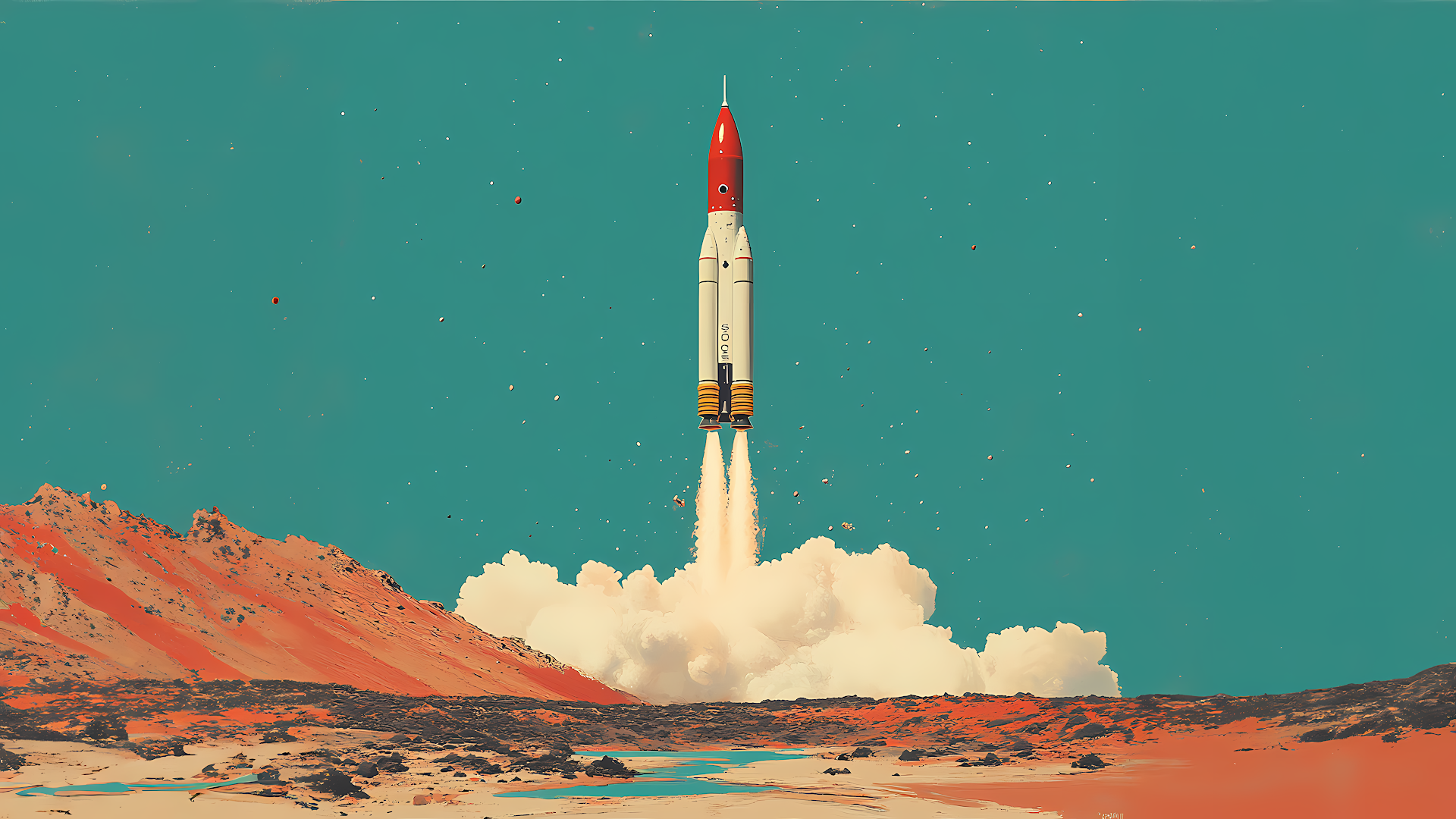 A vintage-style rocket launching from a red planet with a turquoise sky and distant stars.