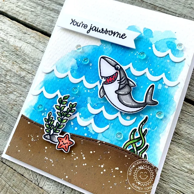 Sunny Studio Stamps: Icing Border Die Focused Card by Audrey Tokach (featuring Sea You Soon, Best Fishes, Slimline Dies)